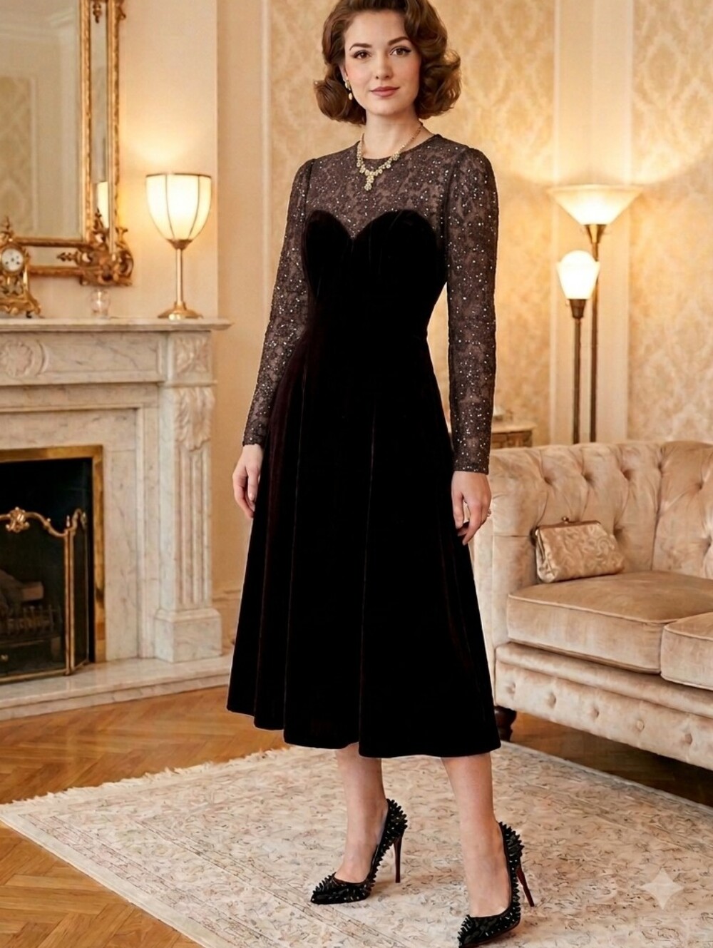 VINTAGE🖤Algo Boutique VELVET/LACE Sparkly SLEEVES🖤Tule Under ALINE MIDI Size 9
